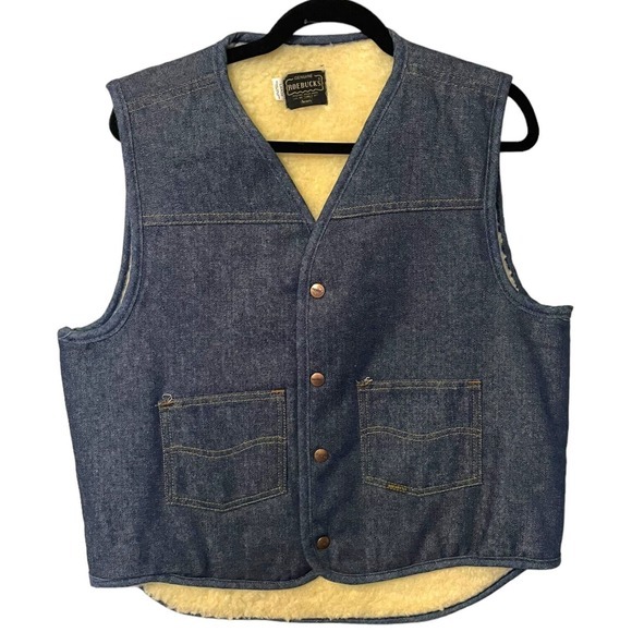 Vintage 70s 80s Roebucks Sherpa Lined Denim Vest Size Large Jean Sears Western - Picture 1 of 3